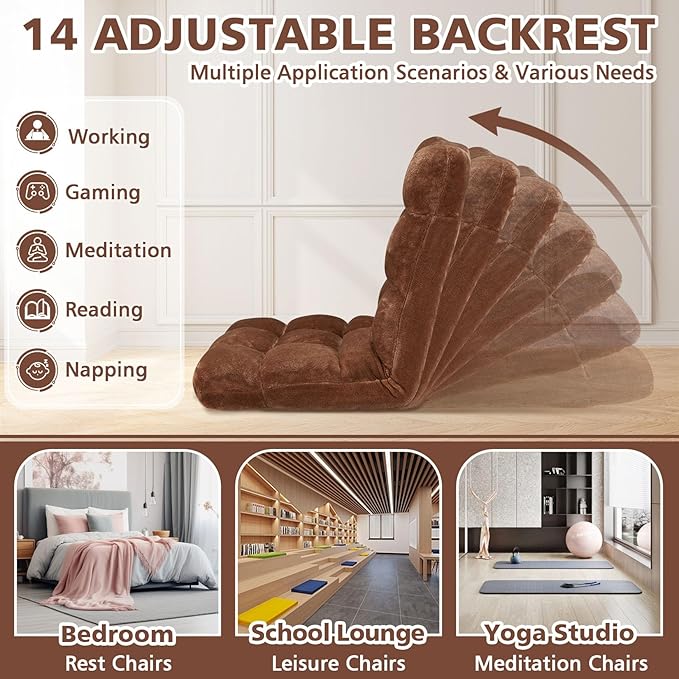 Folding Floor Chair 14-Position Cushioned Adjustable Floor Lazy Sofa Chair w/Breathable Cotton & Skin-Friendly Flannel for Adults & Kids Ideal for Reading Meditating, Brown