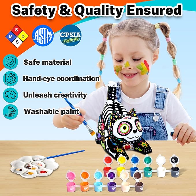 FUNZBO 4.3in Paint Your Own Cat Lamp Kit - Arts and Crafts Supplies Kitten Painting Kits for Kids Teens, DIY Night Light Toy for Toddler Girl Boy Ages 3 4 5 6 7 8 9 10 11 12 13+ Birthday Easter Gift