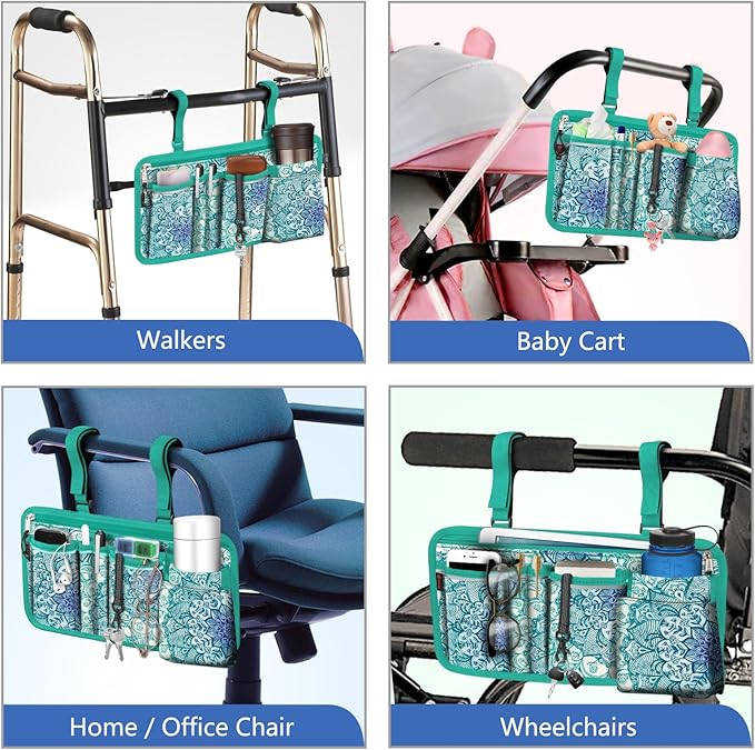 FINPAC Wheelchair Side Storage Bag w/Cup Holder, Wheelchair Armrest Accessories Pouch with Pen Slot and Reflective Strips for Power Walkers, Rollators, Seniors - Emerald Illusions