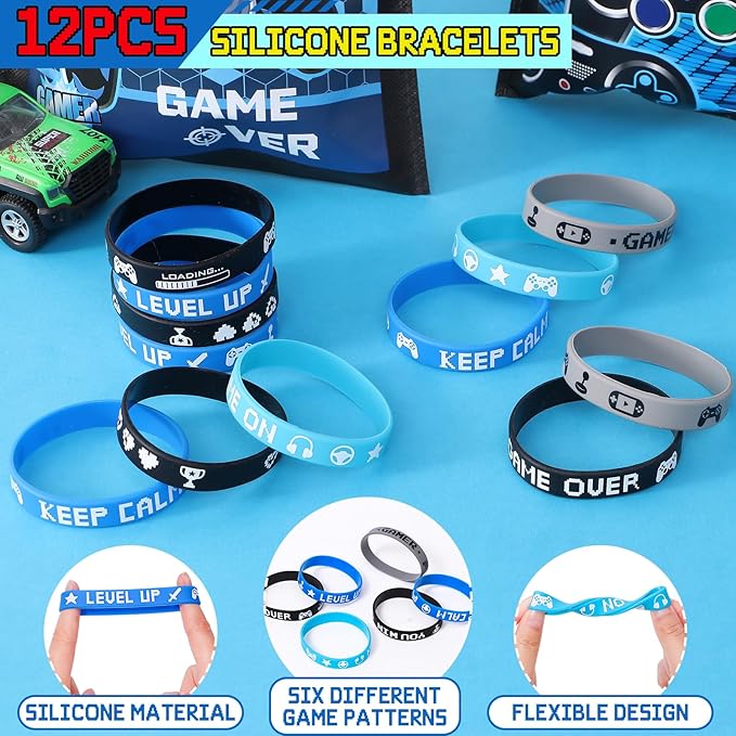 60Pcs Video Game Party Favors Gamer Birthday Party Supplies for Kids Non Woven Bags Silicone Bracelet Stamper Keychain Glow Sticker Game on Gift Goodie Treat Bag Fillers Boy Gaming Party Favors