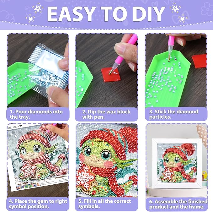 hkejoi Dragon Diamond Art Kits for Kids with Frame, Cartoon Diamond Art for Kids Ages 4-8-12, Easy Kids Gem Art Kit with Cartoon Package for Gift Home Wall Decor 7x7inch