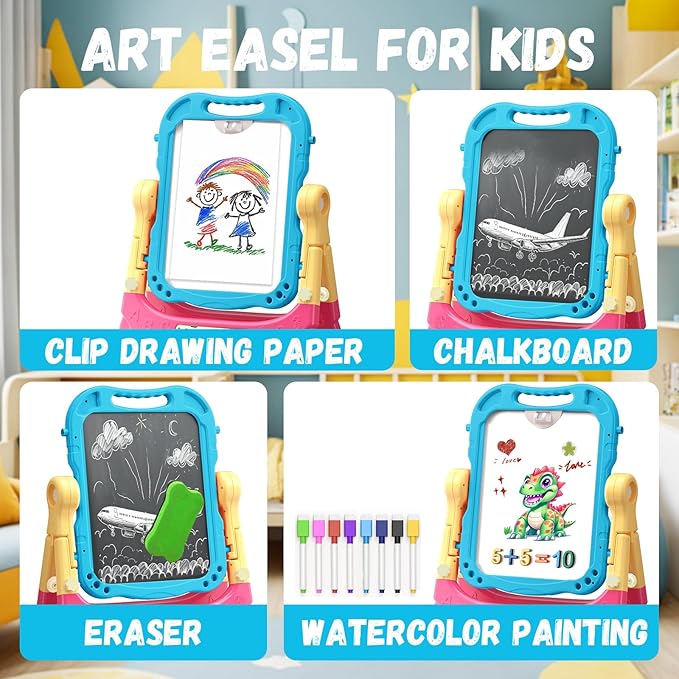 Art Easel for Kids with Magnetic Drawing Board, Double Sided Easel with Magnetic Letters & Numbers Easel, Adjustable Standing Easel for Toddler, Creative Play for Kids