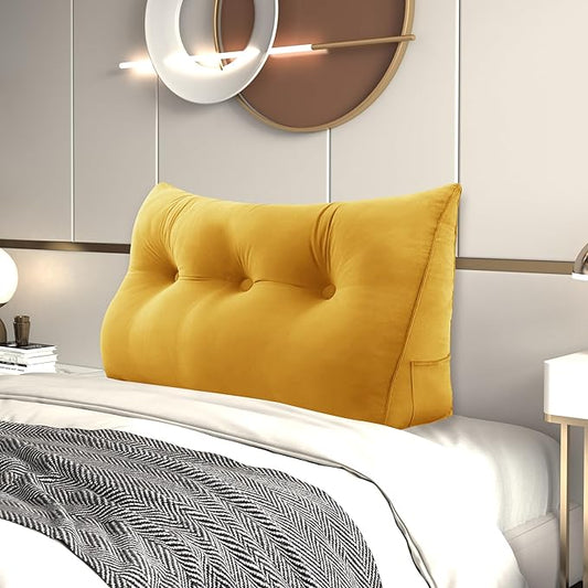 Headboard Wedge Pillow Large Bolster Reading Pillows for Sitting in Bed Adult， Velvet Triangular Cushion Backrest Lumbar Back Support Upholstered Daybed Sit Up Book Pillows（Yellow, Twin）