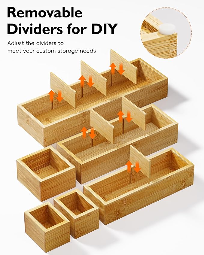 6PCS Desk Drawer Organizer Tray with 12 Compartments – Bamboo Office Storage Boxes Set for Junk Drawer Supplies, Utensils, Cosmetics, Jewelry and More