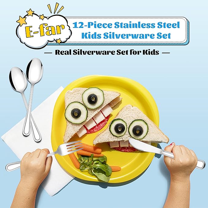E-far 12-Piece Kids Silverware, Stainless Steel Toddler Kids Utensils Safe for Preschooler/Children, Includes 4 Forks 4 Spoons 4 Knife, Slimline Adult Look & Small Size, Rust Free & Dishwasher Safe
