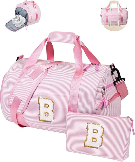 Cute Preppy Gifts for Toddler, Girls Travel Duffle Bag, Kids Initial Overnight Bags with Shoe Compartment, Personalized Weekender Bag with Makeup Pouch, Trendy Stuff (Letter B)