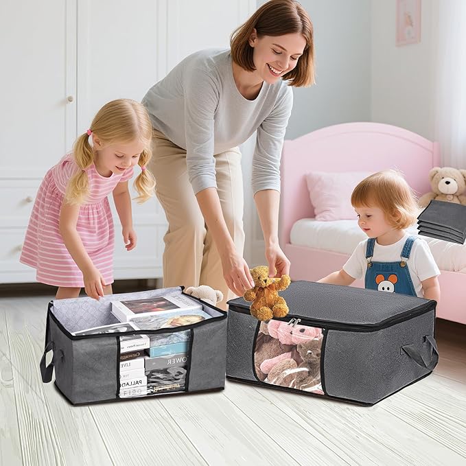 3 Pack Storage Bags, 45L Foldable Clothes Storage Bins with Lids, Closet Organizers Blanket Storage Bags with Zippers Clear Window Sturdy Handles for Clothing Bedding Comforter Sweater Pillows (Gray)
