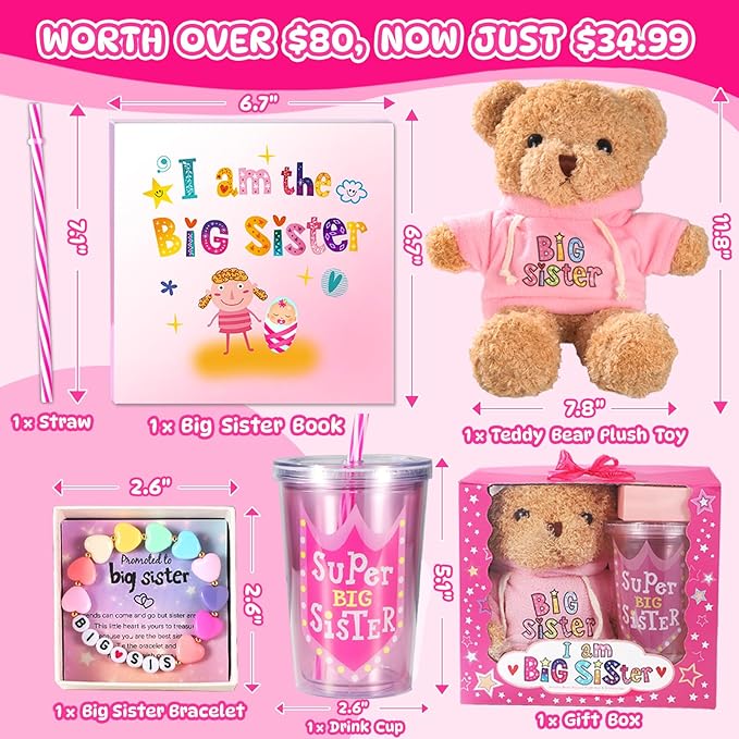 Big Sister Gifts for Girls, New Big Sister Gift Set for Little Girls Promoted to Big Sister, Includes Teddy Bear Plush Doll, Big Sister Book, Bracelet and Cup for New Sibling Arrival