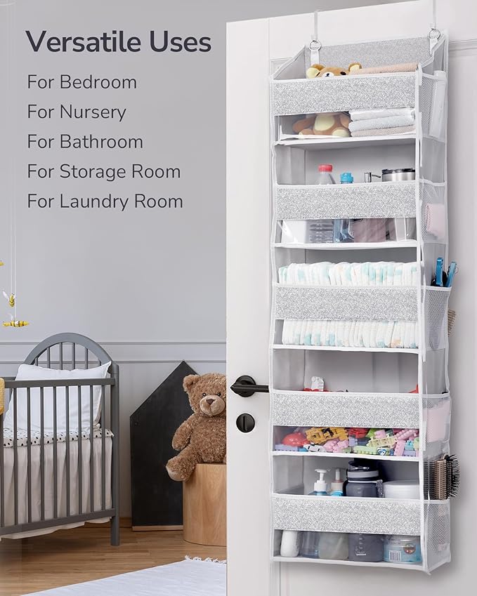 ULG 1 Pack Over Door Organizer with 5 Large Pockets 10 Mesh Side Pockets, Upgraded Linen Texture Over The Door Storage, 44 lbs Weight Capacity Hanging Storage Organizer, Light Gray