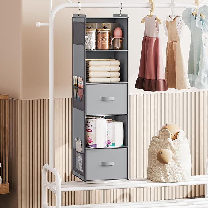 YOUDENOVA Hanging Closet Organizer, 5 Tier Hanging Closet Shelves with Drawers and 6 Side Pockets, Light Grey