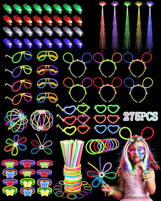 275 PCS Glow in the Dark Party Supplies for Kids Adults, Light Up Party Favors, Glow Sticks Bulk Party Pack Bracelets Finger Lights Glasses Headband LED Light Hair Wedding Birthday New Year Halloween