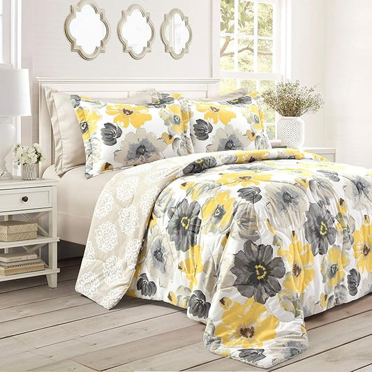 Lush Decor Leah Reversible Comforter Set, 6 Piece Set, King, Yellow & Gray- Watercolor Botanical Comforter Queen Size-Farmhouse Florals Bedding Decor