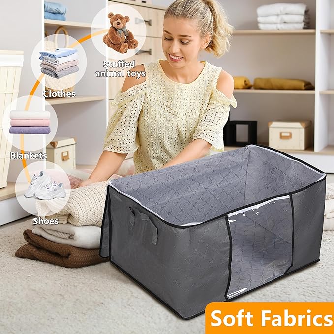 10 Pack Clothes Storage Bags, 90L Large Blanket Storage Bag Comforter Storage Bin with Reinforced Handle and Lid Foldable Closet Organizer and Storage Containers for Bedding Pillows Sheets and Duvet