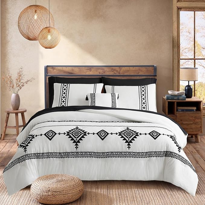 MaiRêve Embroidery Comforter Set, Boho Farmhouse Western Bedding Set, All Season Bed in A Bag Comforter Set with Sheets, Pillowcases & Shams, White California King 7 Pieces
