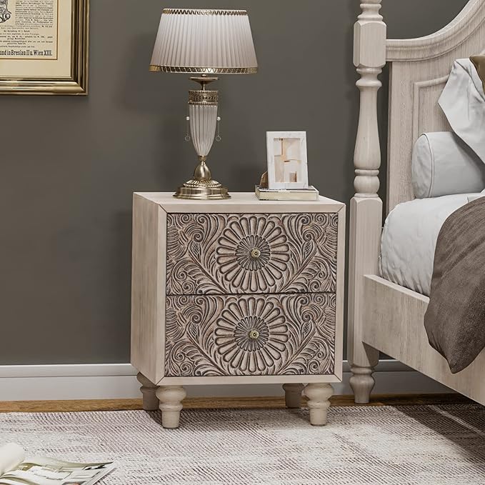 COSIEST 2 Pieces Nightstand, 14" D x 18" W x 21.5" H MDF End Table with 2 Drawers, Vintage Style Wood Bedside Table, Bedroom Accessories for Home, Office, College Dorm