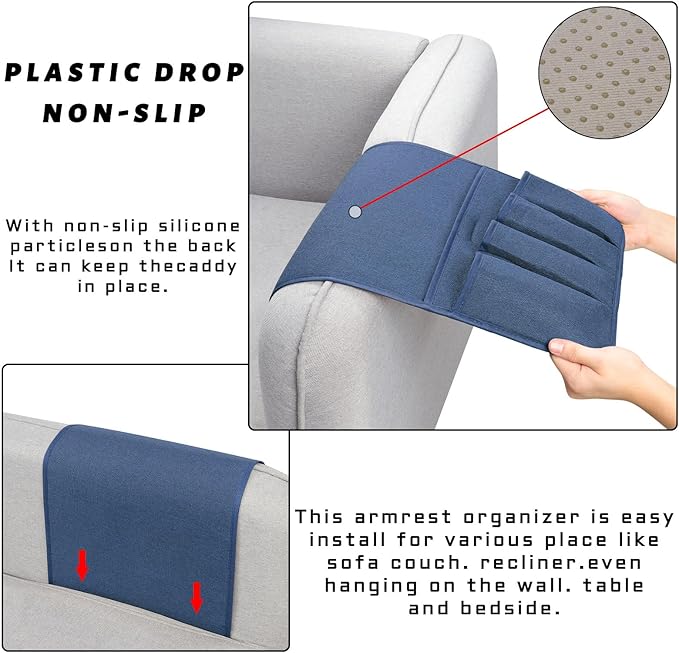 NB Sofa Armrest Organize remote holder bedside caddy organizer with 5 pockets，non-slip couch remote control holder couch armchair caddy accessories (Blue, 35"x12.4")