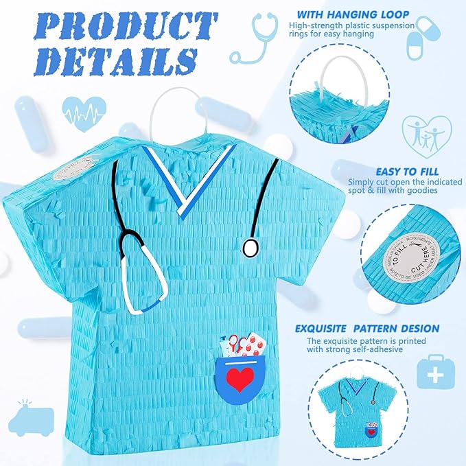 Lewtemi 14.1 Inch Nurse Piñata Bundle with Blindfold, Bat and Confetti, Blue Nurse Party Piñata, Nurse Party Favor, Piñatas for Graduation Gift Rn Themed Birthday Party Nursing School Party Supply