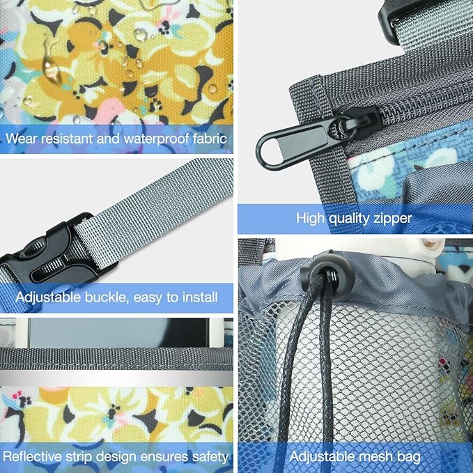 Wheelchair Bag, Walker Bag, Wheelchair Side Bag, Armrest Organizer Pouch with Cup Holder Attachment and Reflective Strip, Accessories for Most Wheelchairs, Walker, Rollators, Blue Flowers