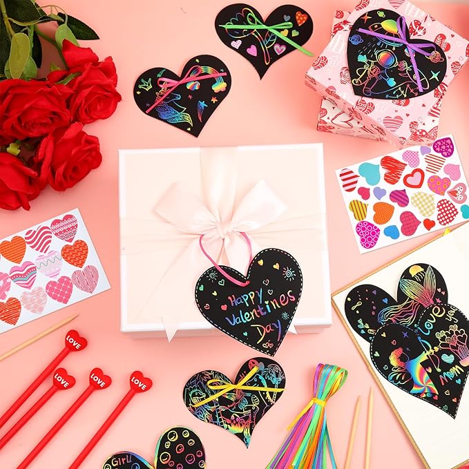 120 Pieces Valentines Day Craft Bulk for Kids Heart Scratch Paper Art with Rainbow Colors Valentine Scratch Cards,120 Heart Cards,120 Scratch Sticks,120 Ribbons, 20 Stickers