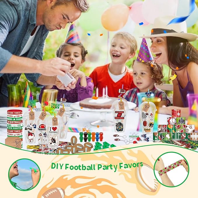 Football Party Favors 170 Pcs Football Birthday Party Decoration With Cups Straws Slap Bracelets Whistles Stress Balls Wristbands Keychains Stamps Stickers Thank you Tags(Football)