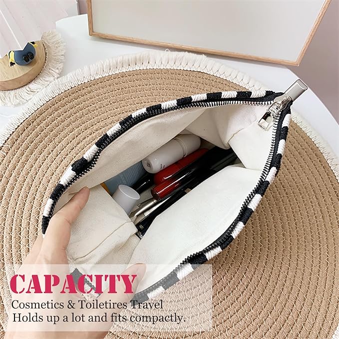 HAPPYHEIDI Large Stripe Makeup Bag Cosmetic Toiletry Travel Pouch, Purse Organizer, Canvas Lined, Black White, Large
