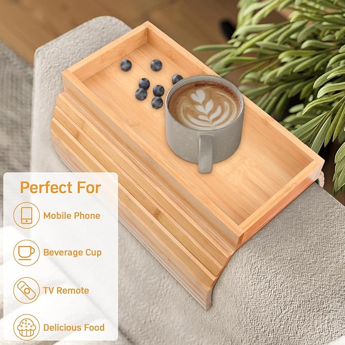 Couch Armrest Table, Bamboo Couch Cup Holder, Couch Cup Holder Tray, Sofa Arm Tray, Armchair Caddy 12.4" x 5.5" with Nonslip Felt Bottom, Sturdy Bamboo Slats for Armrests 6" and Wider (Brown)
