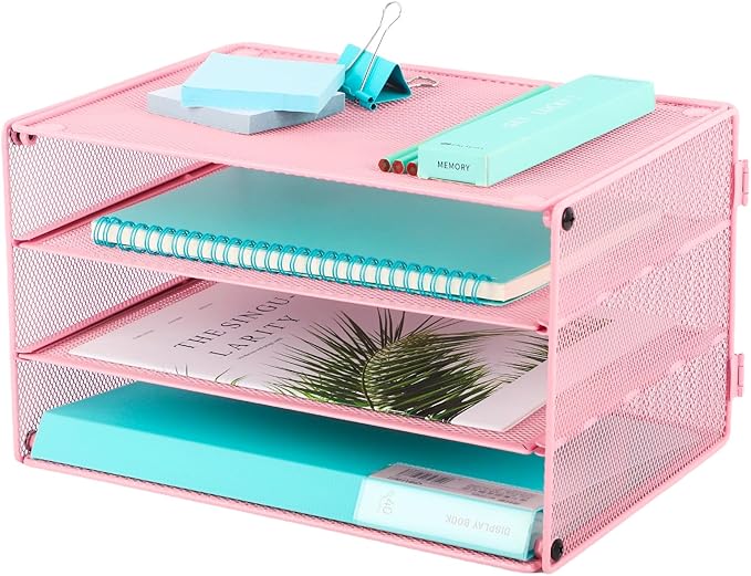 EASEPRES Paper Organizer Tray, 3 Tier Mesh Desk File Organizer Letter Sorter Holder for Home Office, Pink