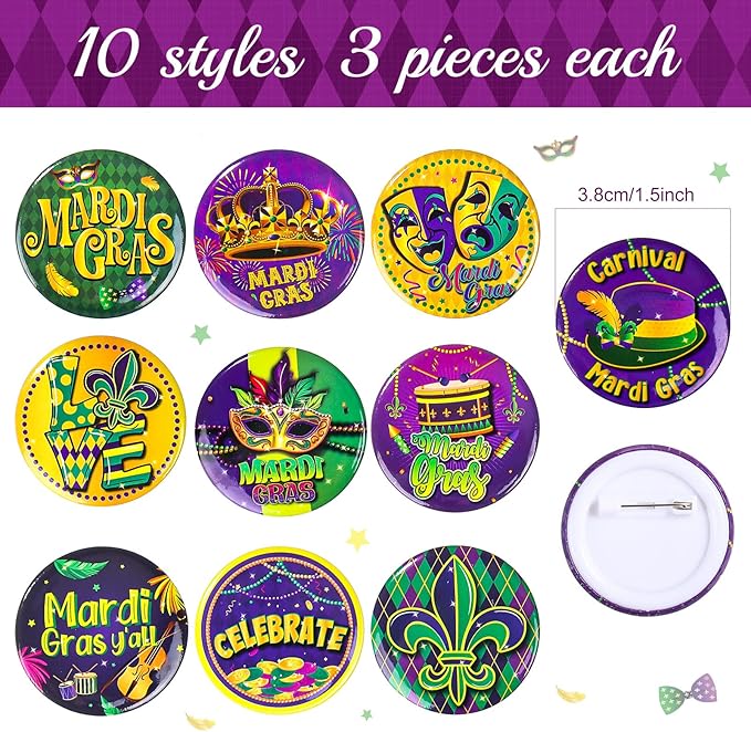 60 Pcs Mardi Gras Party Favors Includes 30 Mardi Gras Rubber Bracelets Silicone Wristbands and 30 Button Pins Badges for Carnival Birthday Party Supplies Decorations Goodie Bag Stuffers Fillers