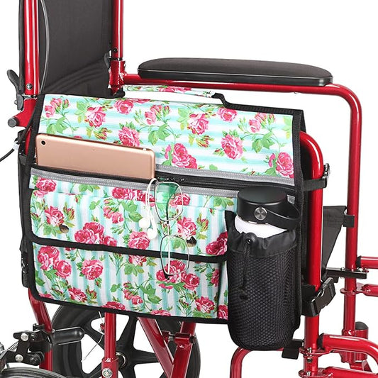 Wheelchair Storage Bag, Double-Sided Armrest Pouch with Cup Holder and Reflective Strip, for Wheelchairs and Walkers (White Floral)