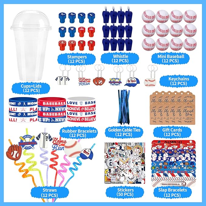 Baseball Party Favors 170 Pcs Baseball Birthday Party Decoration With Cups Straws Slap Bracelets Whistles Stress Balls Wristbands Keychains Stamps Stickers Thank you Tags(Baseball)