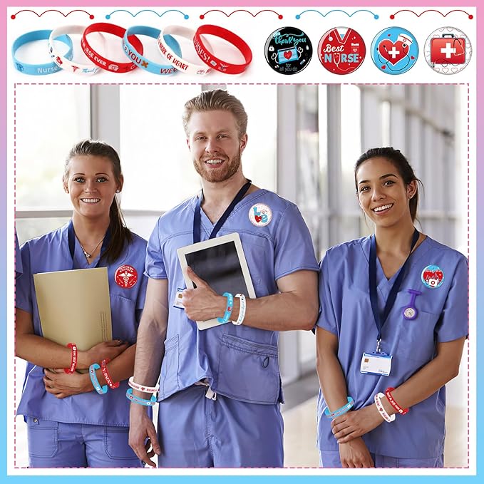 64PCS Nurse Party Favors 32pcs Nursing Themed Button Badges Pins and 32pcs Nurse Silicone Bracelets for Nurses Week Medical RN Theme Nurse Graduation Activities Party Decorations