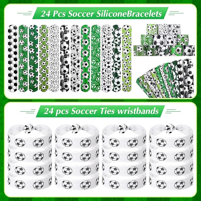 Aoriher 192 Pcs Soccer Party Favors Sport Slap Bracelets Keychains Bouncy Ball Silicone Bracelets Hair Ties Wristbands Gift Box Eraser Luminous Tattoo for Sport Themed Party Supplies
