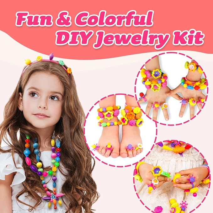 Arthopt Pop Beads, Jewelry Making Kit with 700+pcs DIY Beads, Arts and Crafts for Kids 3 4 5 6 7 8 Years Old, Snap Beads Bracelets Necklace Ring Toy Set Birthday Gift for Girls
