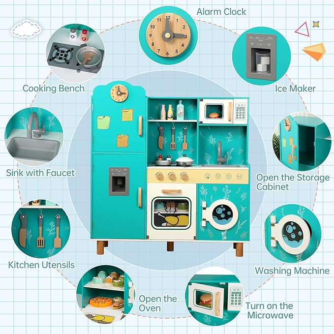 Bruvoalon Wooden Play Kitchen Toy Set for Kids, with Realistic Design, Sink with Faucet, Oven, Microwave, Utensils, Kitchenware Play Food Set Accessories, Birthday Gifts for Toddlers Boys Girl (Green)