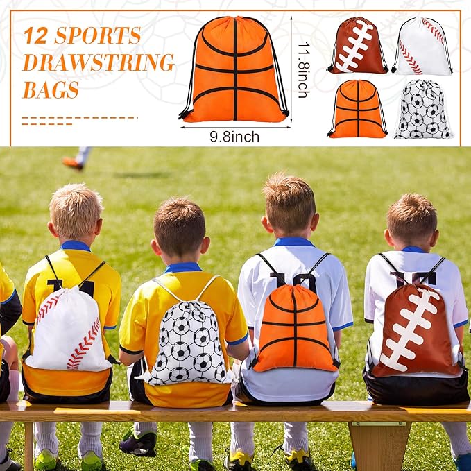 LEIFIDE 48 Pcs Basketball Soccer Football Baseball Party Favors Supplies 12 Silicone Bracelet 12 Drawstring Treat Bag 12 Mini Stress Ball 12 Keychains for Birthday Sports Party Supplies (Mixed Style)