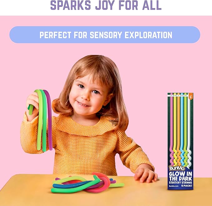BUNMO Stretchy Strings - Sensory Toys for Toddlers - Stimulating & Addictive Sensory Toys for Kids - Fidget Toy - Hours of Fun for Kids - Non-Mouthable Toy 3+ - Glow 6 Pack