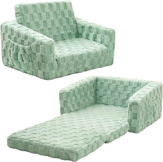 Kids Sofa, Toddler Chair, 2-in-1 Flannel Kids Fold Out Couch, Toddler Convertible Sofa to Lounger, Flip Open Toddler Couch for Kids (Green)