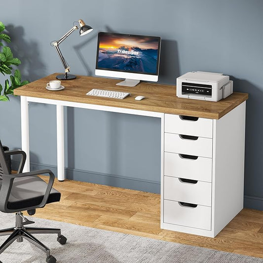 Tribesigns Computer Desk with 5 Drawers, 47 inches Rustic Brown Home Office Desk with Storage, Modern Simple Laptop Desk Study Writing Table for Small Spaces (1, Walnut+White)