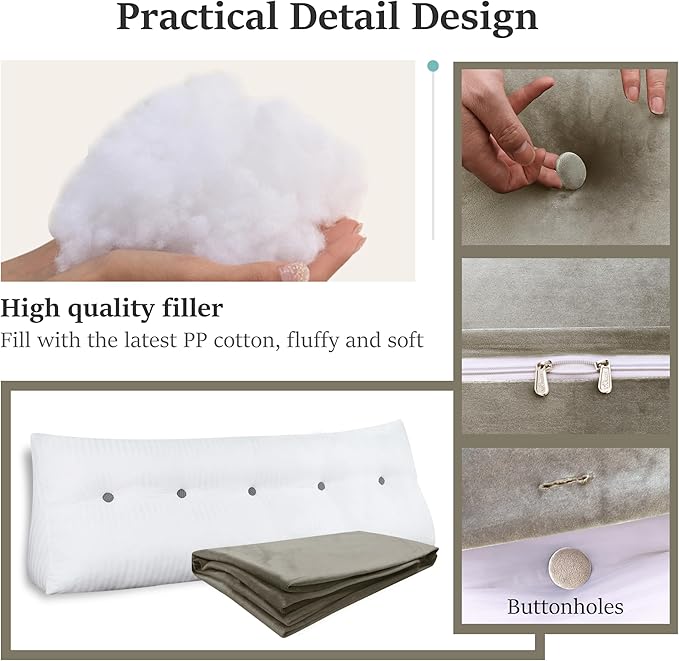 Wedge Headboard Large Bolster Pillow Reading Pillows for Sitting in Bed Adult， Velvet Triangular Cushion Backrest Lumbar Back Support Upholstered Daybed Sit Up Book Pillows（Camel, King）