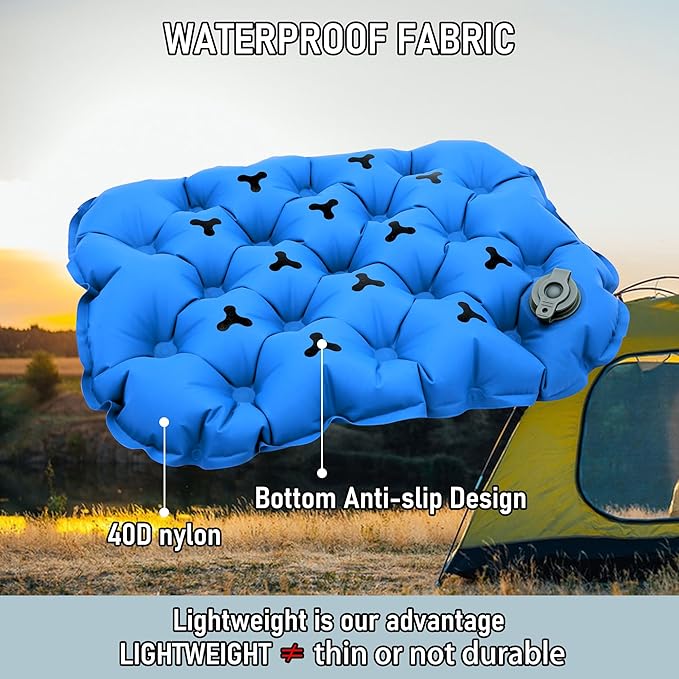 BreezCamp Inflatable Seat Cushion, Lightweight Stadium Seat Pad, Camping Accessories Chair Pad for Airplane Travel, Hiking, Climbing, Home and Office,Blue