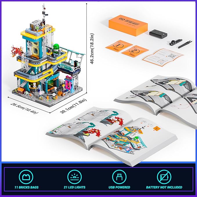 FUNWHOLE Cyberpunk Mansion Lighting Building-Bricks Set - 2524 Pcs Future City Modular Buildings Set Display Idea for Adults and Sci-fi Lovers