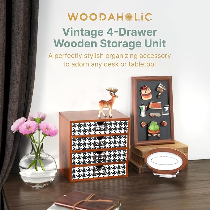 Houndstooth Pattern Wooden Desk Organizer - 4-Drawer Desktop Storage - Modern & Rustic Wood Cabinet for Office Supplies, Craft Tools, & Home Organization - Elegant Drawer Unit