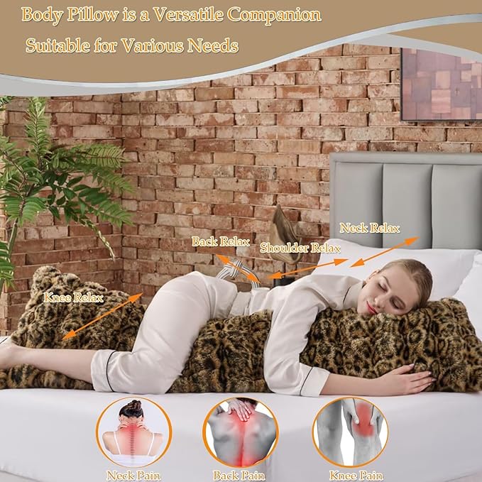20x54 Fluffy Leopard Print Full Body Pillow,Cheetah Print Plush Fuzzy Faux Fur Body Pillows,Ultra Soft Bed and Sofa Pillow for Side Sleeper & Pregnancy,Big Hug Double Pillow,Furry Long Pillows-Brown