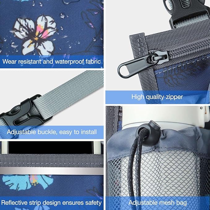 Wheelchair Bag, Walker Bag, Wheelchair Side Bag, Armrest Organizer Pouch with Cup Holder Attachment and Reflective Strip, Accessories for Most Wheelchairs, Walker, Rollators, Navy Floral