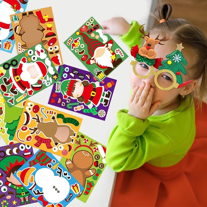 148 Pcs Christmas Party Favors, Glitter Glasses, Pop Fidget Toys Keychain, Make a Face Sticker, Assorted Stamps Self-Ink Stamper, Slap Bracelet, Christmas Sticker, Christmas Toy Gift for Kid