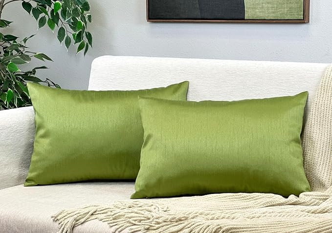 Aiking Home 12x18 Inches Faux Silk Rectangular Throw Pillow Cover, Zipper Closure, Green (Set of 2)