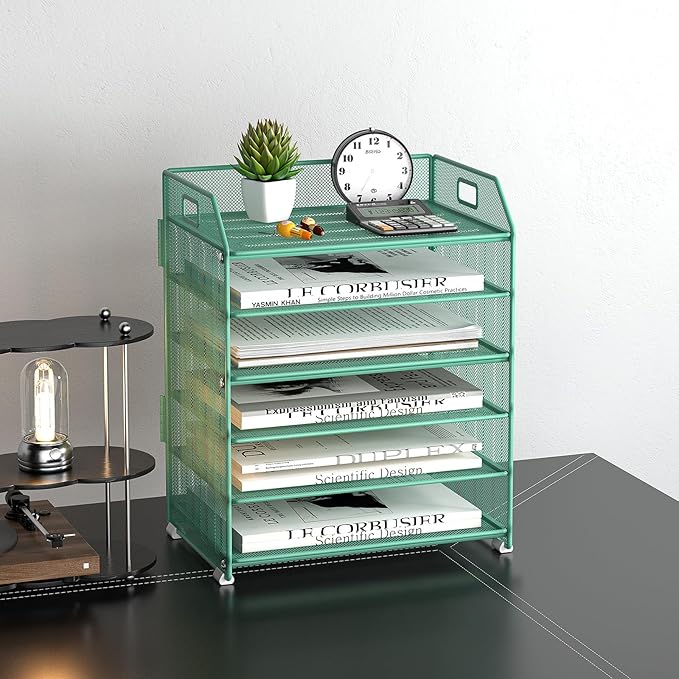 6 Tier Desk Organizer, Heavy-Duty Thick Metal Letter Tray Organizer, Large Capacity Desktop File Organizer for Heavy Files, Easy to Assemble for Home, Office & Classroom,Black,Green