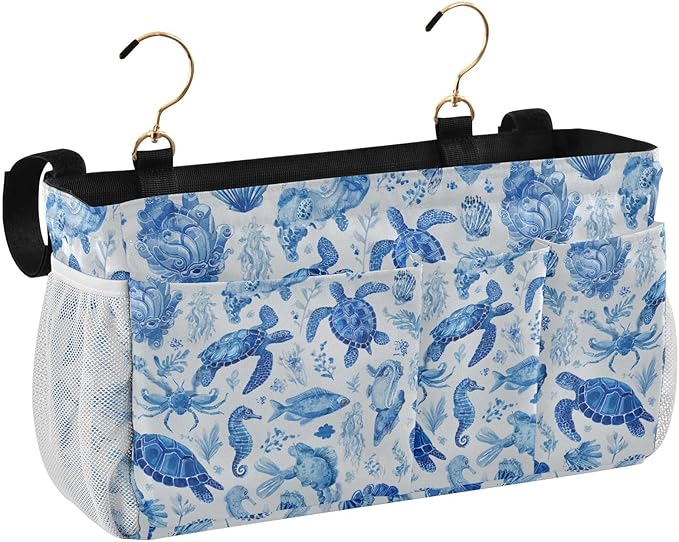 Ink Blue Turtles Fish Crabs Bedside Caddy for Dorm Bed Bedside Hanging Caddy Bag Iron Frame Storage Organizer Pocket for Bunk Home College Hospital Beds 2 Hooks
