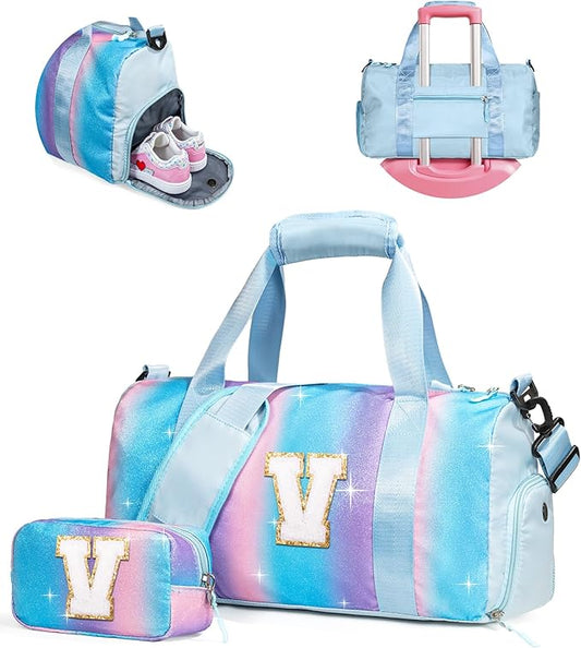 Gifts for Kids-Girl Gym Bag with Shoe Compartment, Kid Personalized Weekender Overnight Bags, Initial Travel Tote with Makeup Pouch, Soccer Gifts for Girls (Letter V)