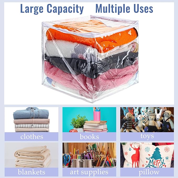 6 Packs Clear Zippered Storage Bags Sweater Moth Bags Plastic Storage for Blankets Clothes Bed Sheet Organizer with Zipper for Closet Linen Sweater Bed Sheet Clothes Pillow(12 x 12 x 12 Inch)